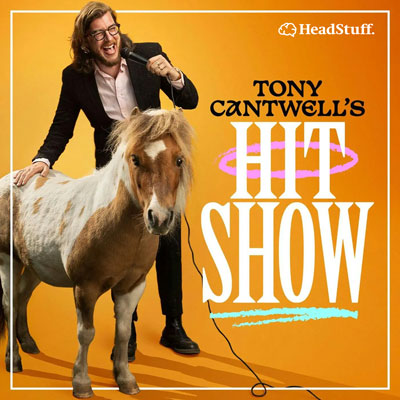 Tony Cantwell holding a microphone with a Pony on the artwork for his bonus content podcast Tony Cantwells Hit Show